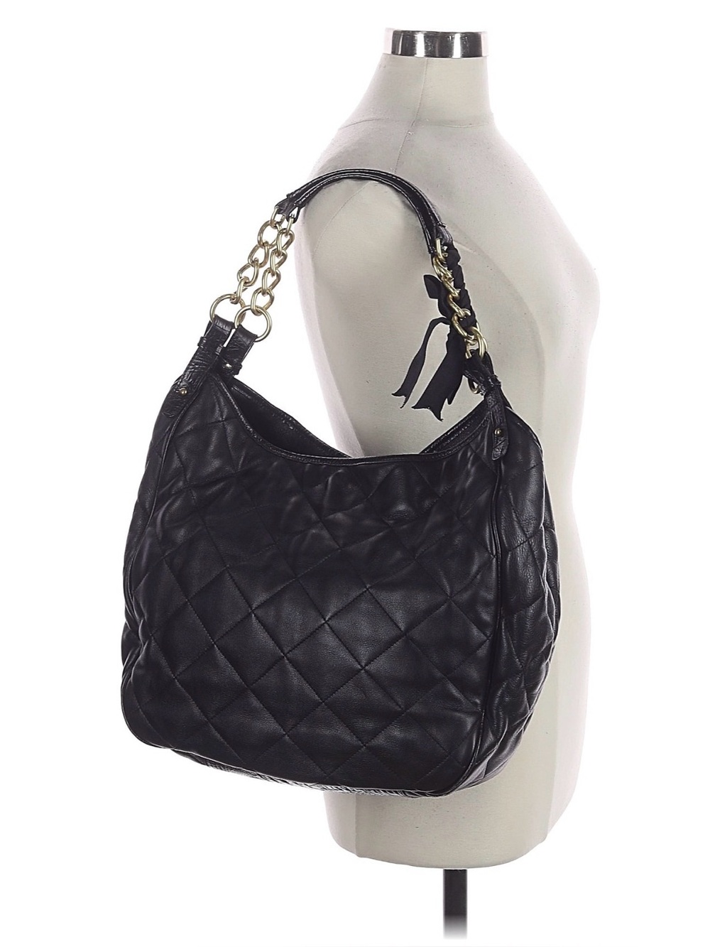 Brahmin Quilted Black Leather Hobo Bag with Chain Accent Strap